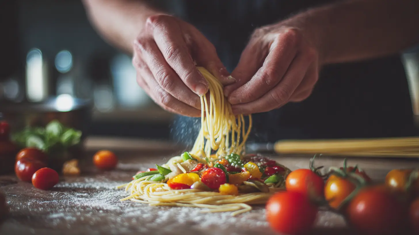 Pasta primavera served in a bowl with fresh basil