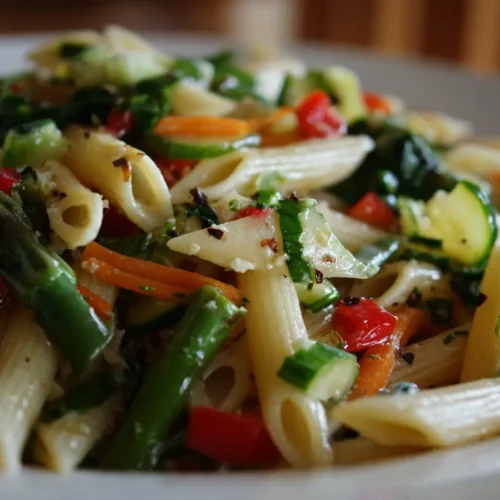 A colorful bowl of pasta primavera with various fresh vegetables.