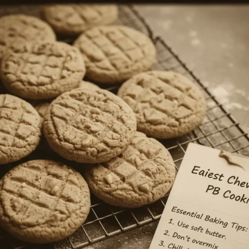 A close-up of freshly baked peanut butter cookies on a cooling rack.