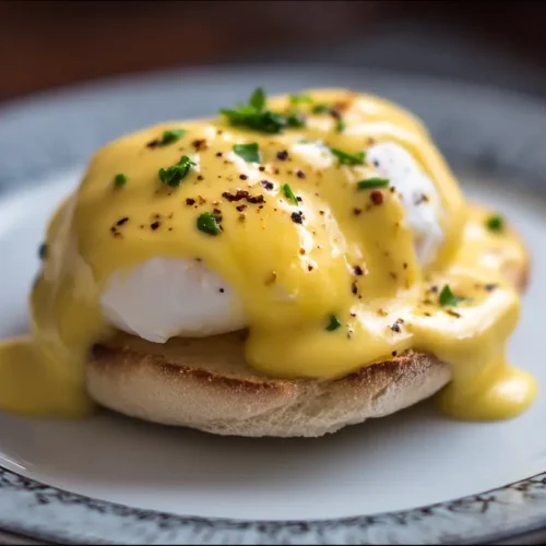 Two perfectly poached Eggs Benedict with hollandaise sauce on English muffins