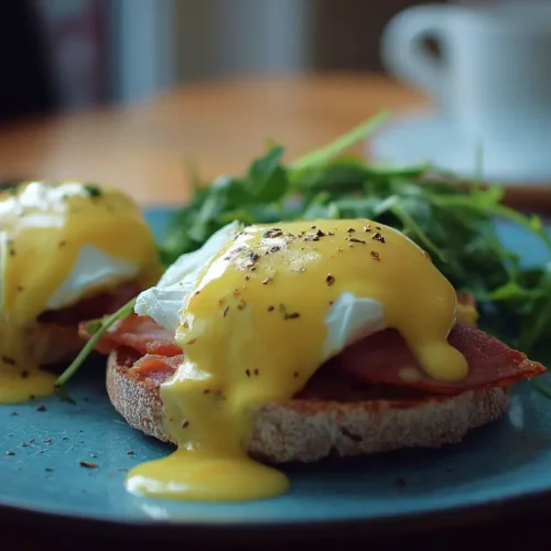 A perfectly plated dish of Eggs Benedict with hollandaise sauce.