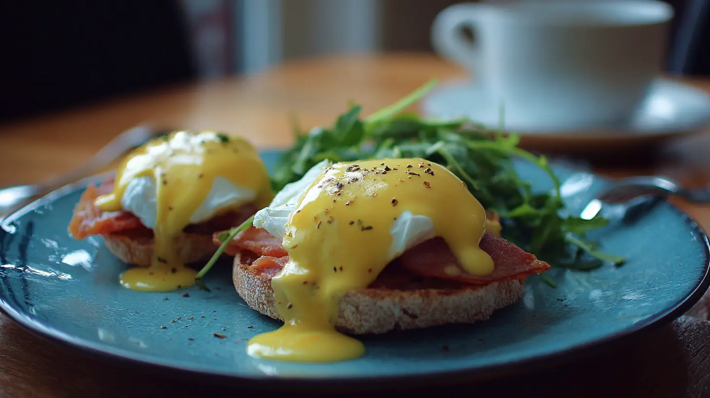 A perfectly plated dish of Eggs Benedict with hollandaise sauce.