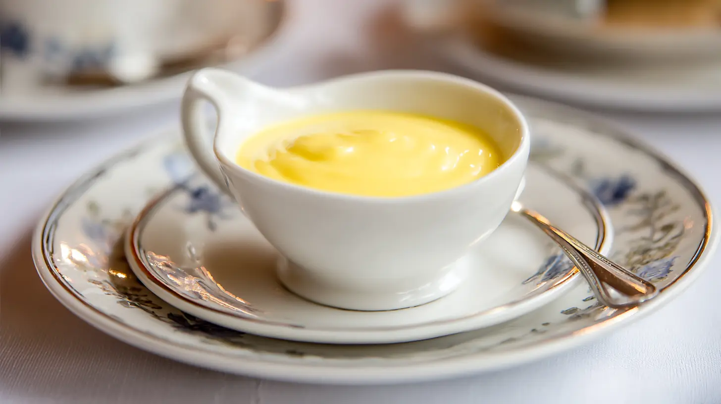 A serving bowl filled with smooth, yellow Hollandaise sauce.