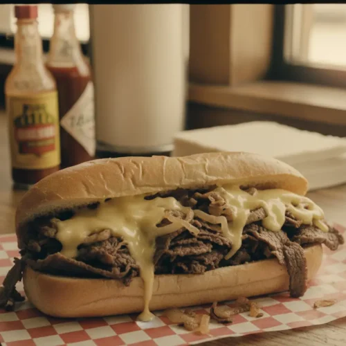 A delicious, hot Philly Cheesesteak sandwich with melted cheese and thinly sliced steak