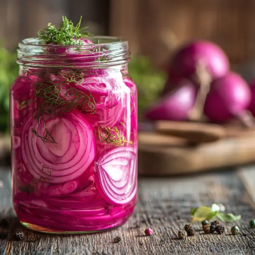 Vibrant sliced pickled red onions in a clear glass jar.