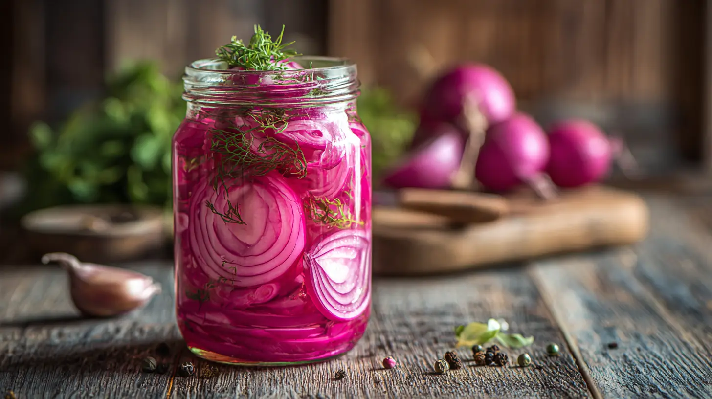 Vibrant sliced pickled red onions in a clear glass jar.