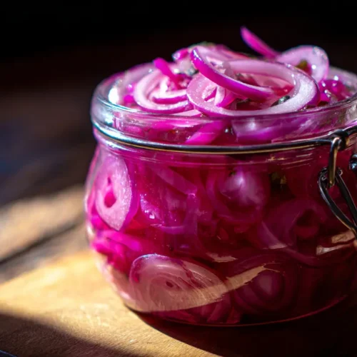 A close-up of thinly sliced pickled red onions in a glass jar