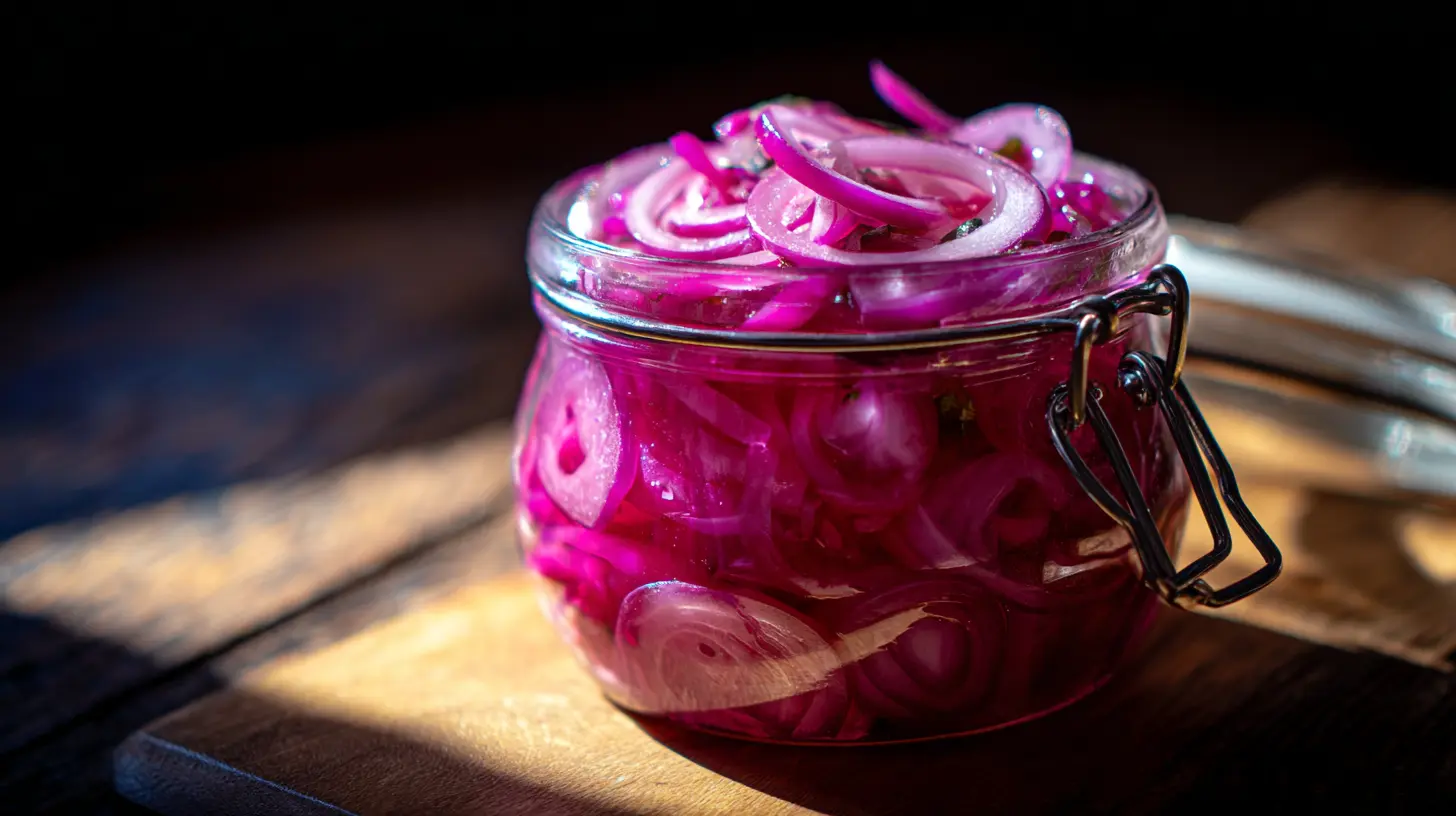 A close-up of thinly sliced pickled red onions in a glass jar