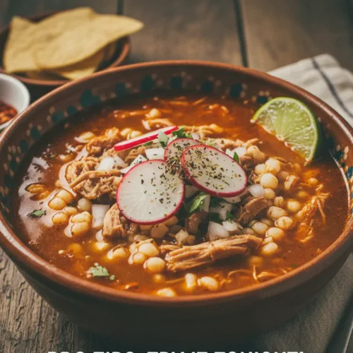 A hot bowl of red pozole, topped generously with fresh garnishes like shredded cabbage, radish, and cilantro.