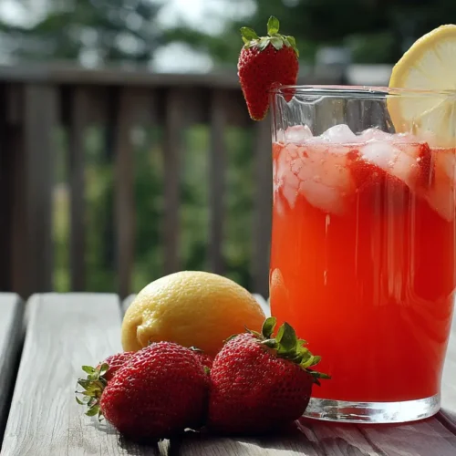 A glass of refreshing strawberry lemonade with fresh fruit garnish.