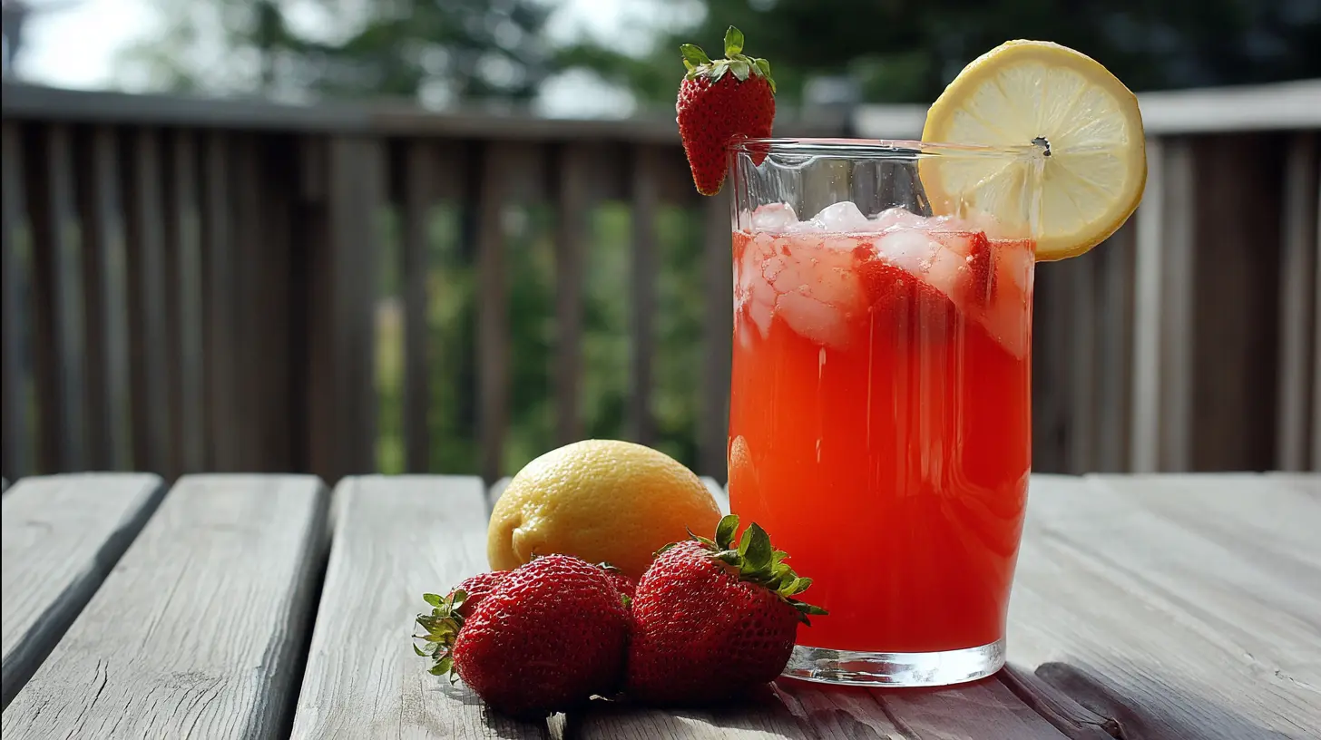 A glass of refreshing strawberry lemonade with fresh fruit garnish.
