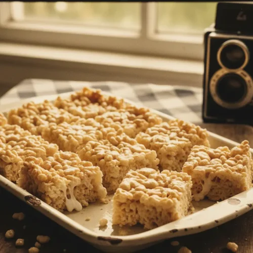 A close-up of a homemade Rice Crispy Treat, showing its marshmallow texture.