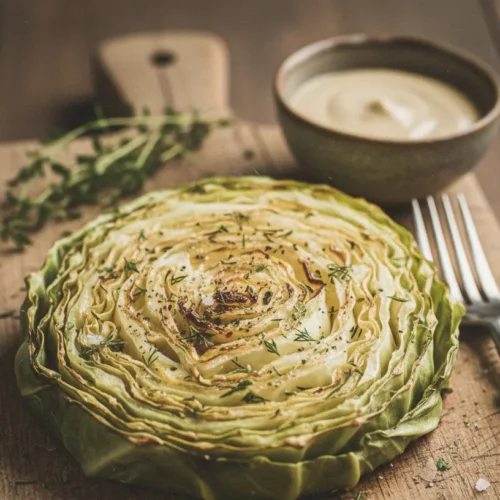 A perfectly roasted cabbage steak with visible charring and herbs