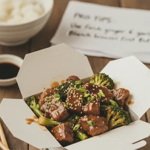 A close-up of a savory beef and broccoli stir-fry in a bowl.
