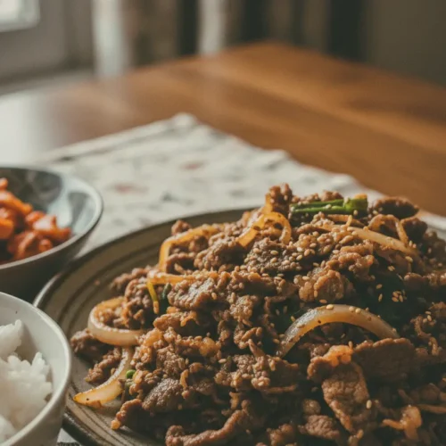 Marinated slices of beef bulgogi ready for cooking on a white plate