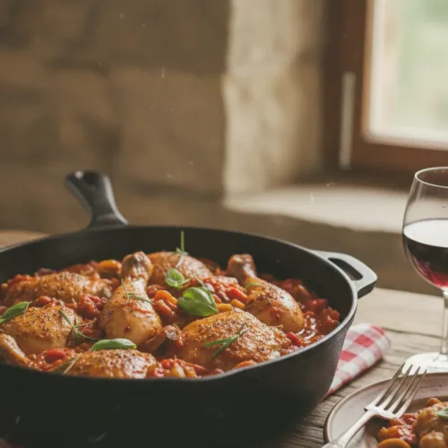 A close-up of a chicken cacciatore dish with rich tomato sauce and vegetables.