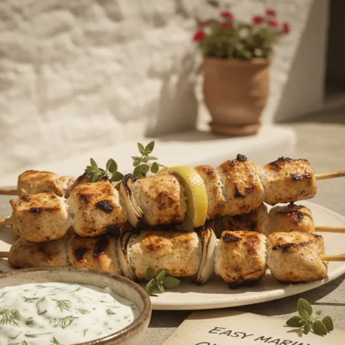 Close-up of perfectly grilled chicken souvlaki skewers