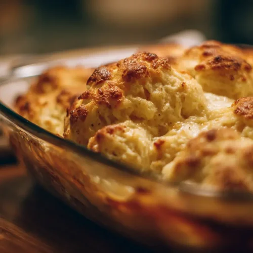 A close-up of a golden brown dumpling bake in a casserole dish