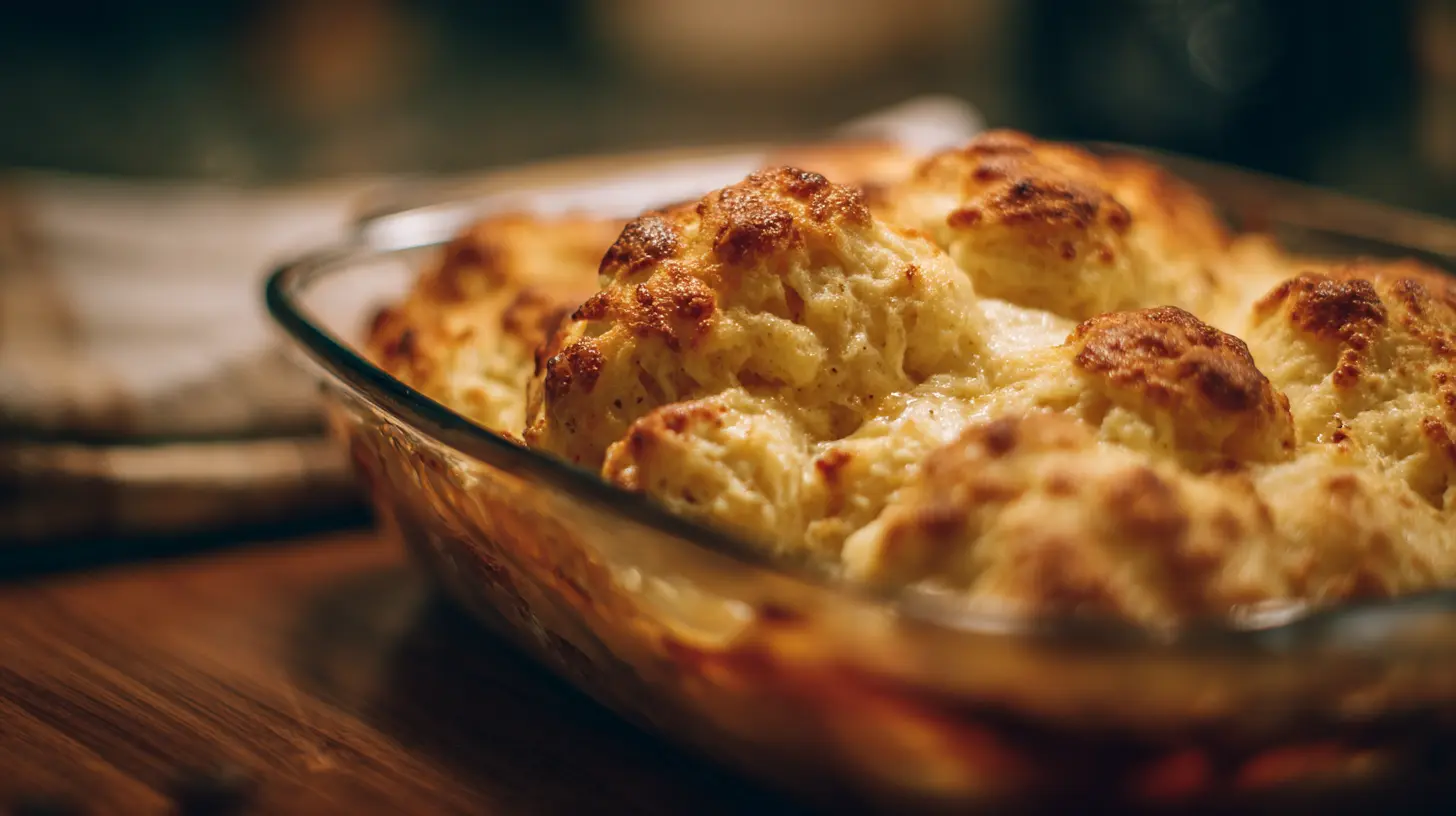 A close-up of a golden brown dumpling bake in a casserole dish