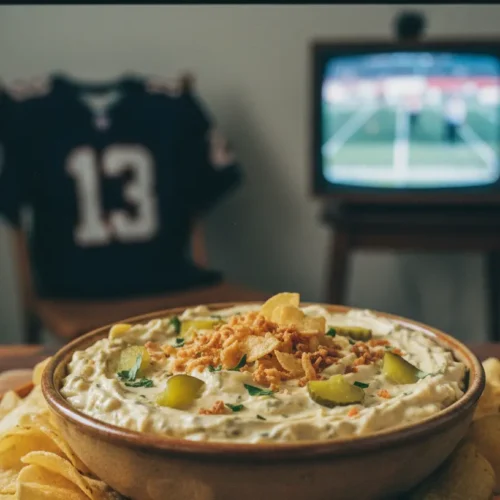 A bowl of savory fried pickle dip, garnished with fresh dill.