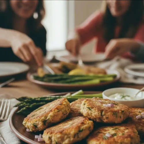 Close-up of golden brown salmon patties on a plate, garnished with fresh herbs.