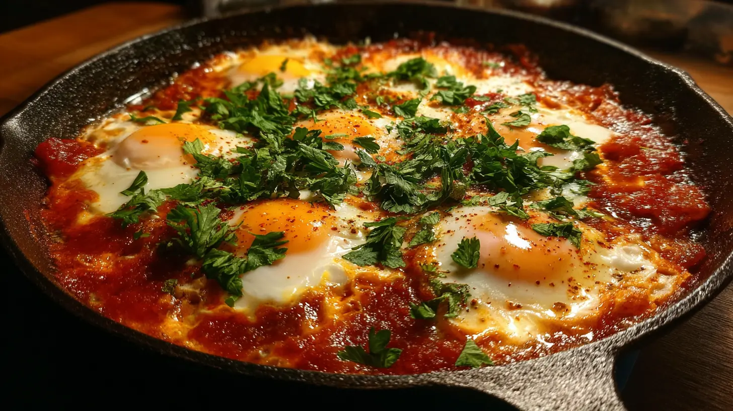 Close-up of shakshuka cooking in a skillet