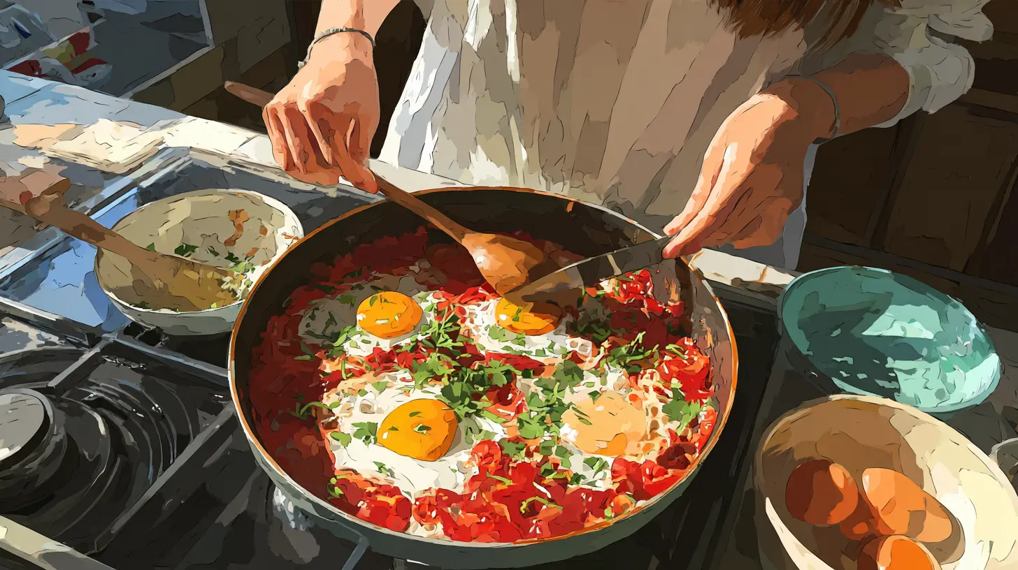 Shakshuka with eggs cooking in tomato sauce