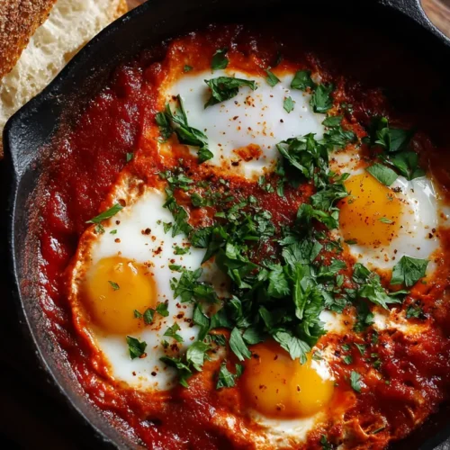 A steaming shakshuka dish with perfectly poached eggs in a rich tomato sauce