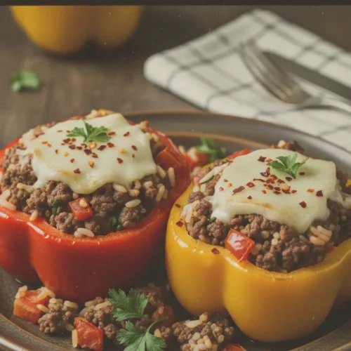 Close-up of savory stuffed bell peppers garnished with herbs