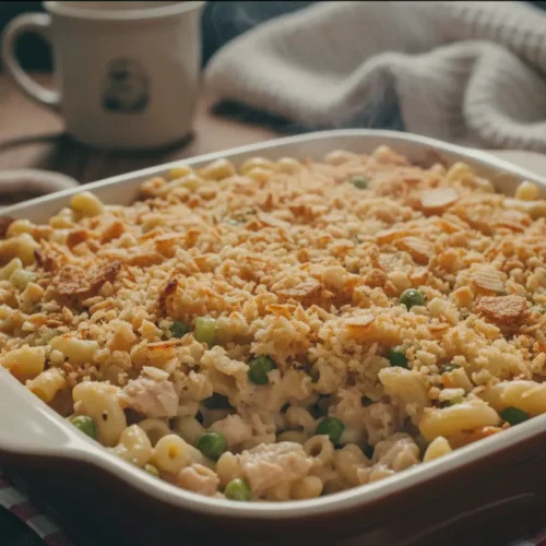 A hot and bubbly tuna casserole topped with golden breadcrumbs