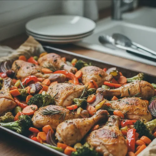 A colorful sheet pan chicken and vegetables dish, fresh from the oven, ready to serve