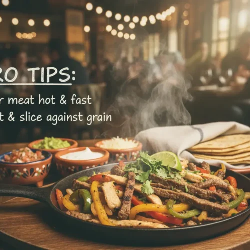 A sizzling skillet of chicken and beef fajitas with colorful peppers and onions