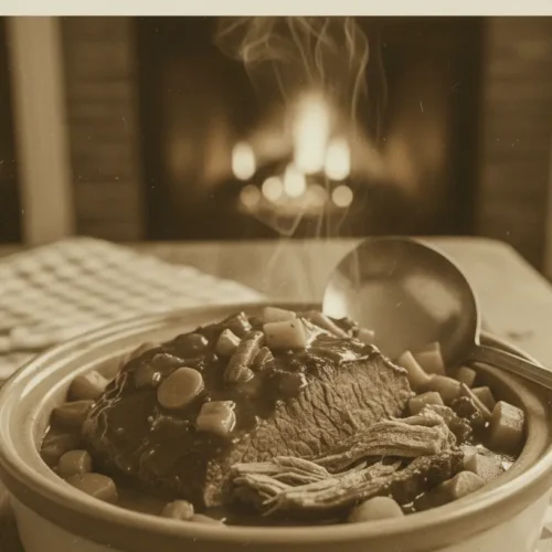 A slow cooker pot roast with carrots and potatoes, ready to serve.