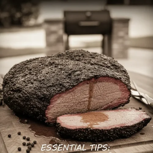 Close-up of perfectly sliced smoked brisket showing its incredible texture