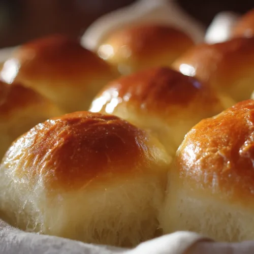 A close-up of freshly baked, soft dinner rolls with a glossy top.