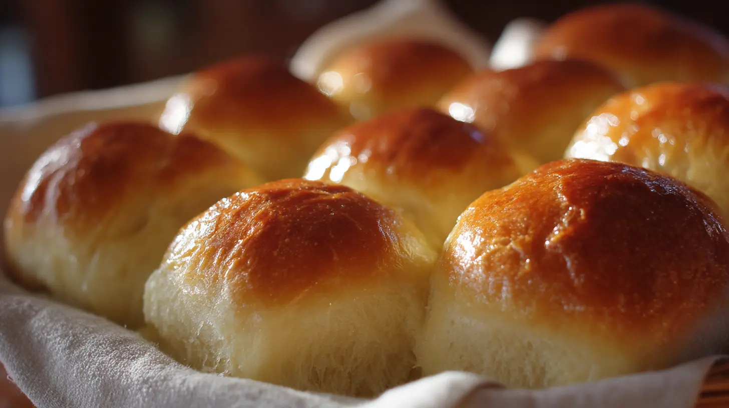A close-up of freshly baked, soft dinner rolls with a glossy top.
