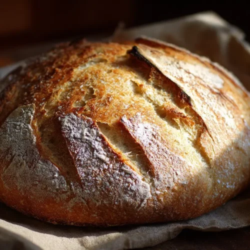A perfectly baked, rustic sourdough bread with a golden-brown crust and a visible ear.