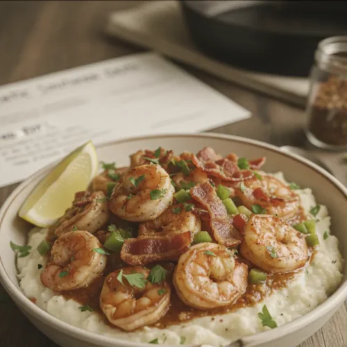 A plate of Southern shrimp and grits with a rich sauce and fresh garnishes.