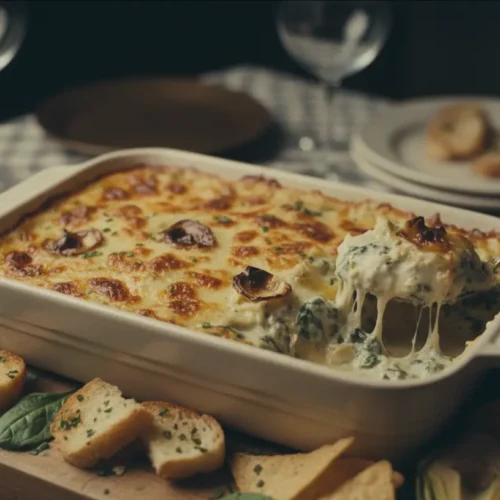 A bubbling hot dish of spinach artichoke dip, freshly baked