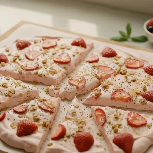 A vibrant strawberry frozen yogurt bark with berry pieces.