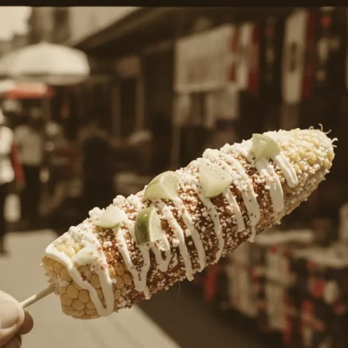 A close-up of grilled street corn (Elote) with cotija cheese and mayonnaise, ready to eat.