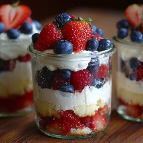A vibrant summer berry trifle with layers of cream and fresh berries.