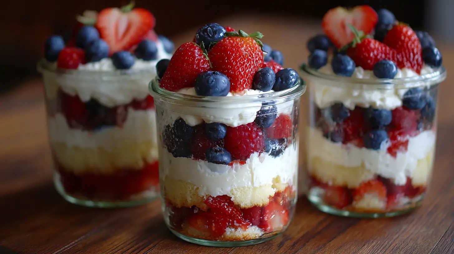 A vibrant summer berry trifle with layers of cream and fresh berries.