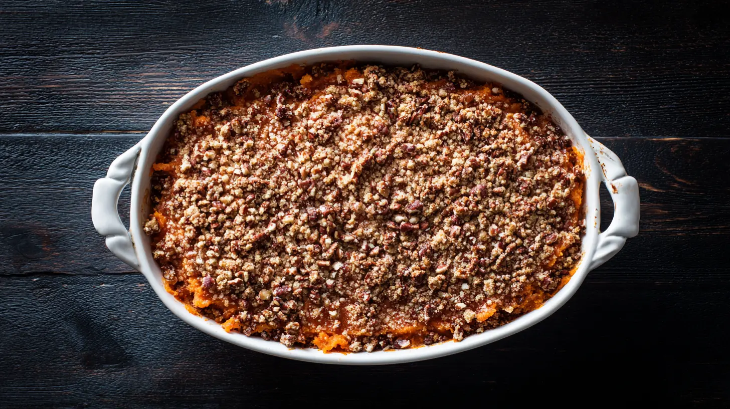 A freshly baked sweet potato casserole with a golden-brown toasted marshmallow topping.
