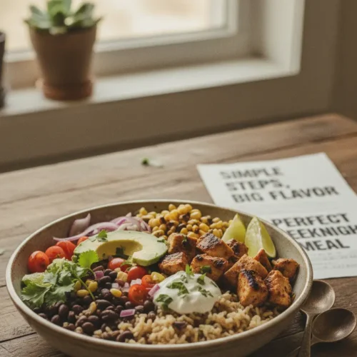 A vibrant taco bowl filled with fresh ingredients like lettuce, beans, corn, and salsa.