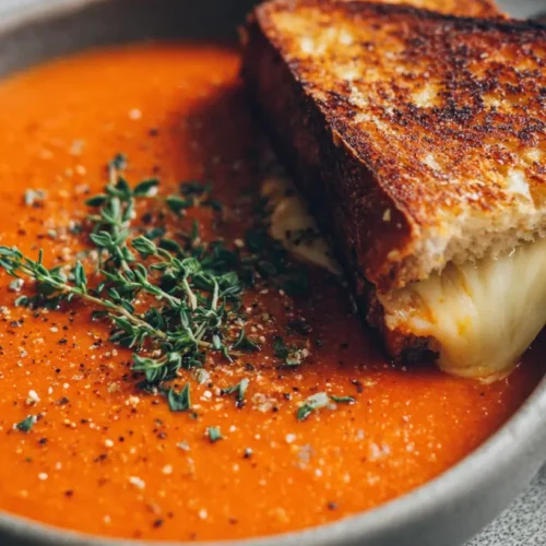A steaming bowl of tomato soup paired with a classic grilled cheese sandwich