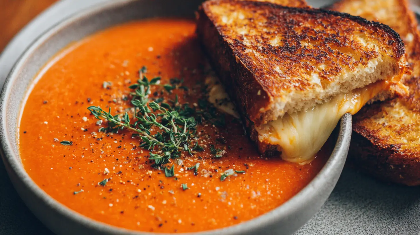 A steaming bowl of tomato soup paired with a classic grilled cheese sandwich