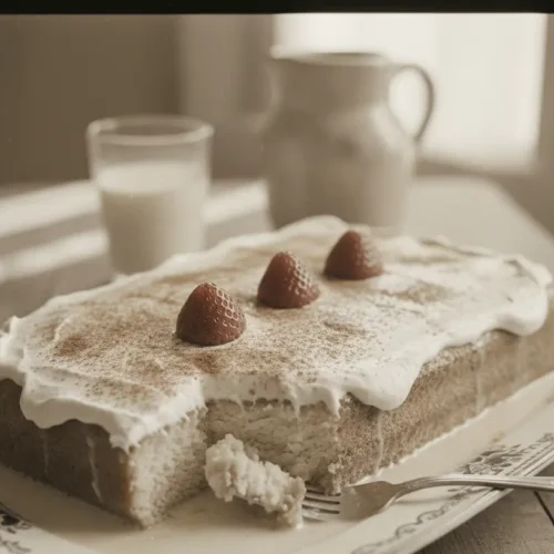 A delectable slice of Tres Leches cake with whipped cream and a cherry