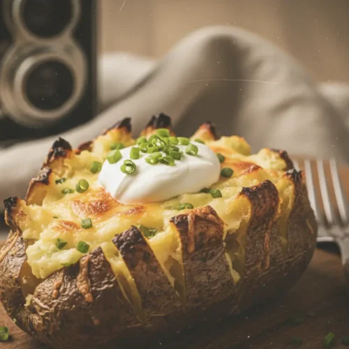 A deliciously prepared twice baked potato, golden brown and garnished with chives.