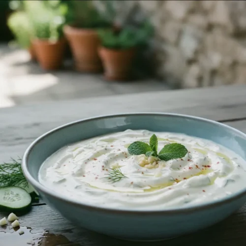 A bowl of fresh, creamy tzatziki sauce with cucumber and dill garnishes.